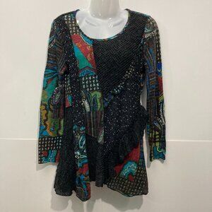 Vintage Concepts Long Sleeves Artsy Tunic top Lagenlook Multi Ruffle Paisley S